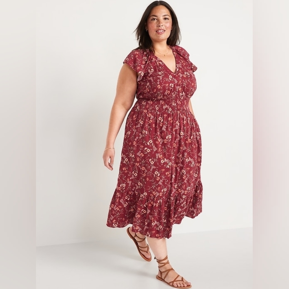 Old Navy Waist-Defined Flutter-Sleeve Smocked Floral Midi Dress Sz 3x NWT